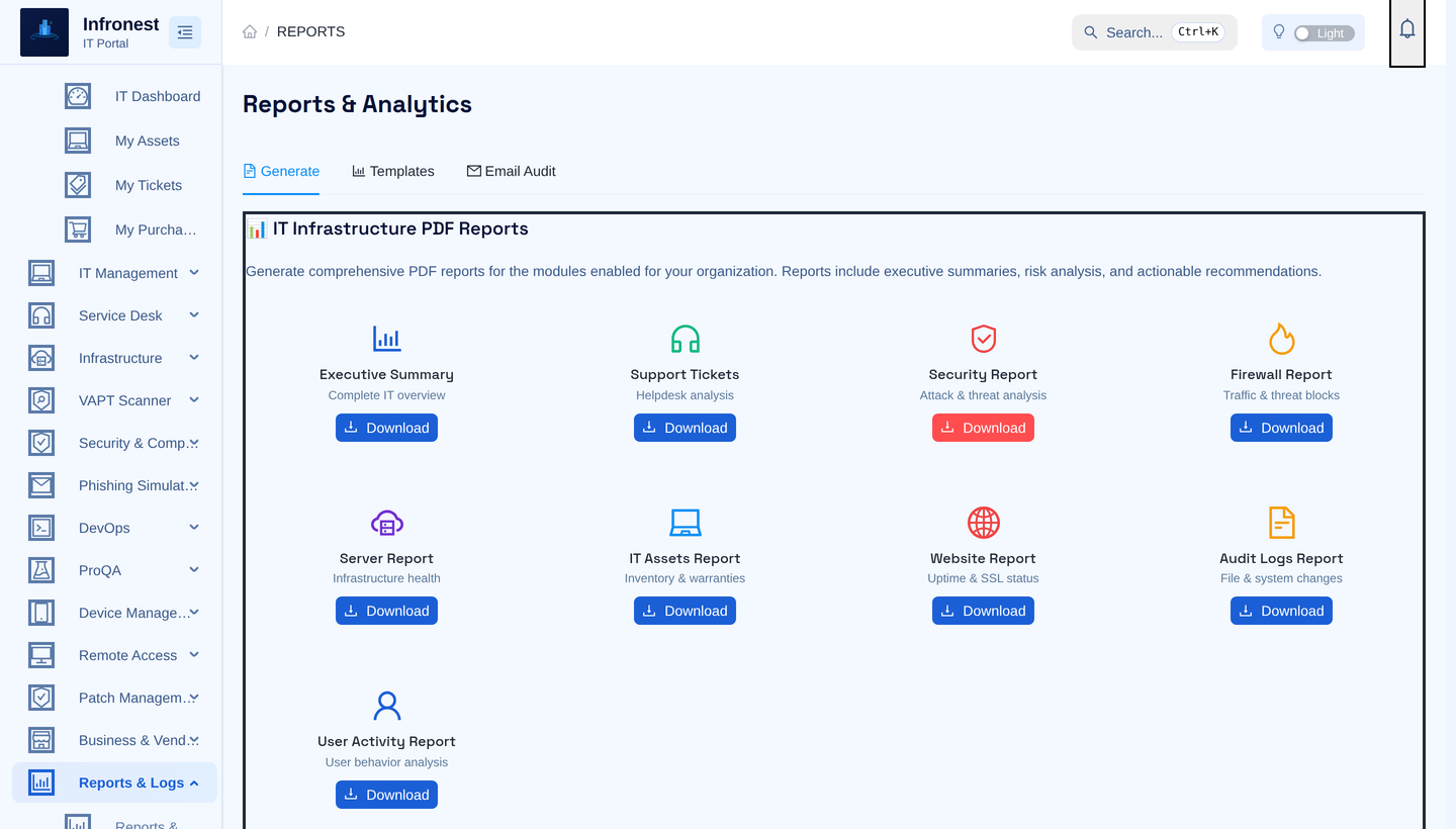 Infronest reports and analytics โ one-click PDF reports for security, assets, servers and helpdesk