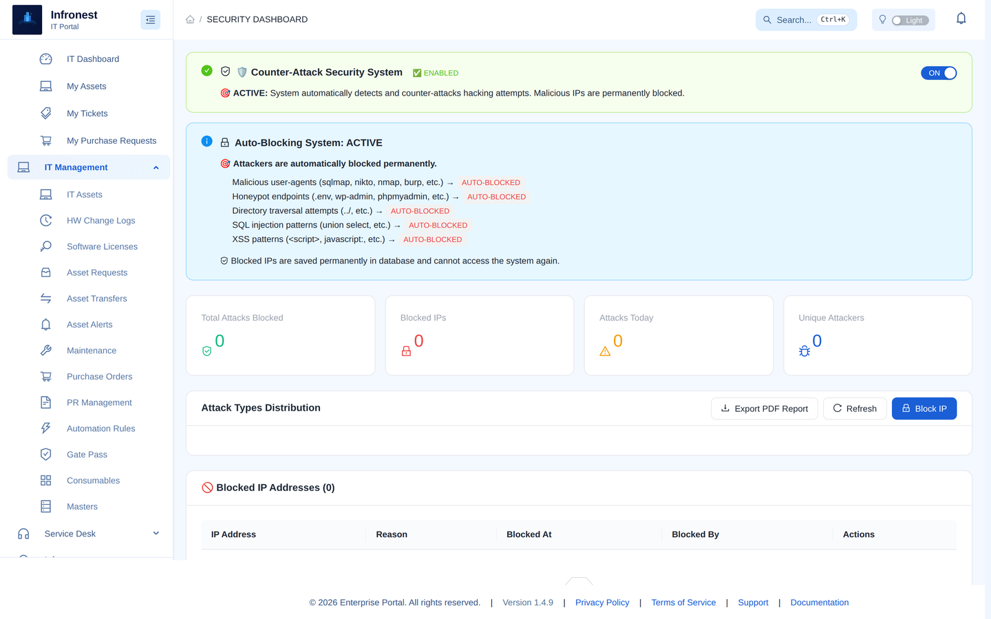 Infronest security โ automatic blocking of malicious IPs with attack-type breakdown